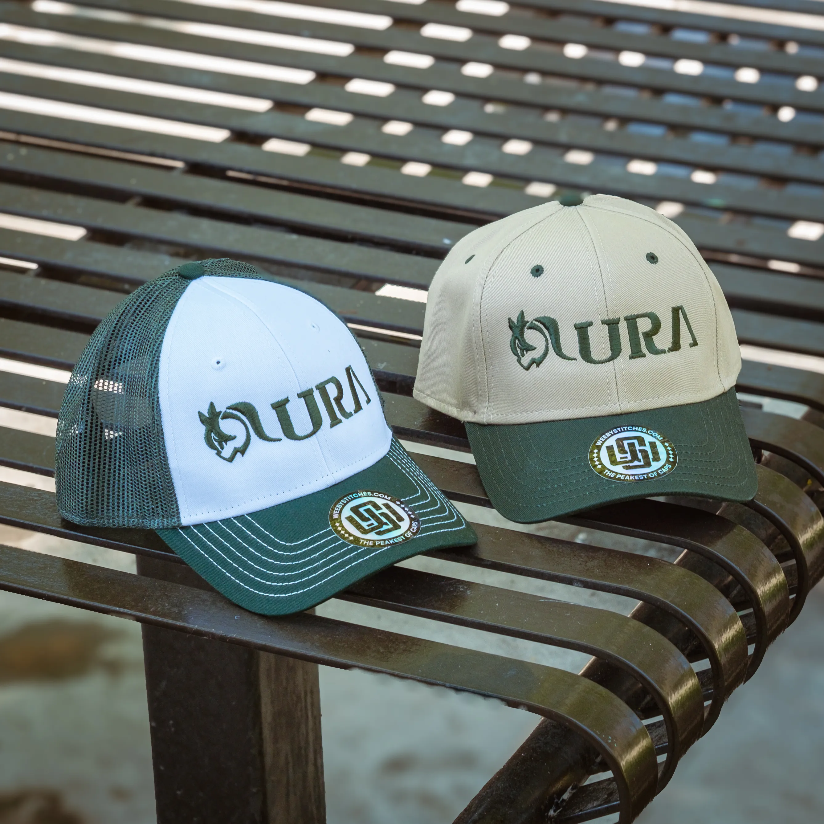 Hats from Weeby Stitches featuring stickers designed by Adrian Keim (@aetinx).
