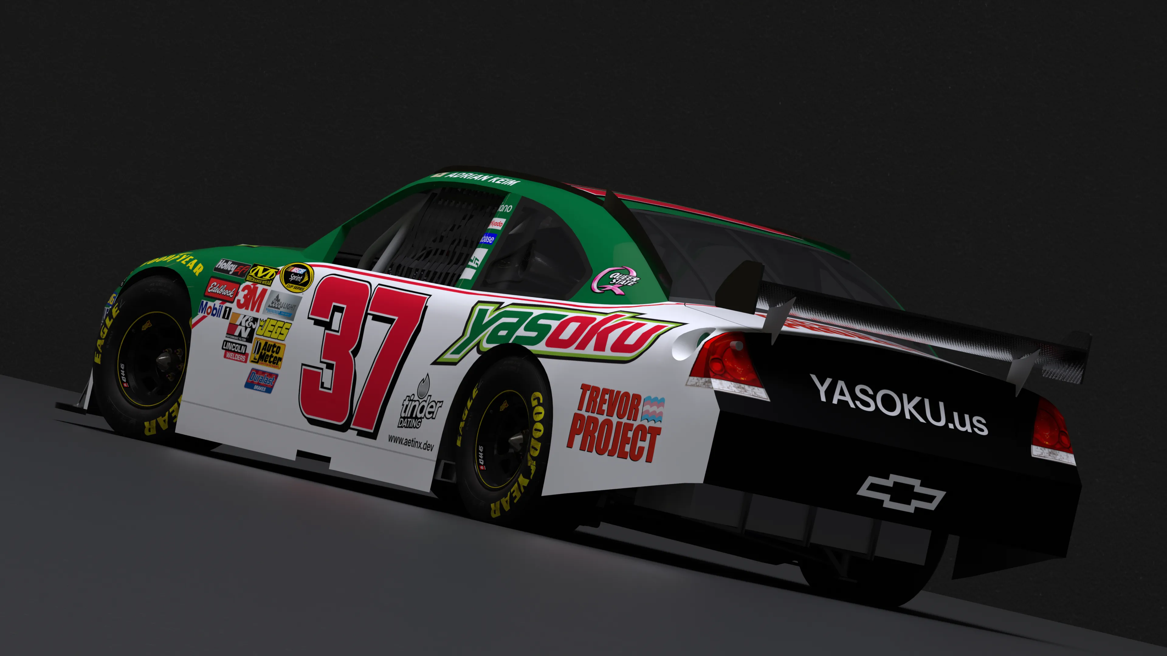 3D render of a NASCAR Car of Tomorrow Chevrolet Impala SS with a Dale Earnhardt Jr. inspired livery sponsored by Yasoku Publishing.