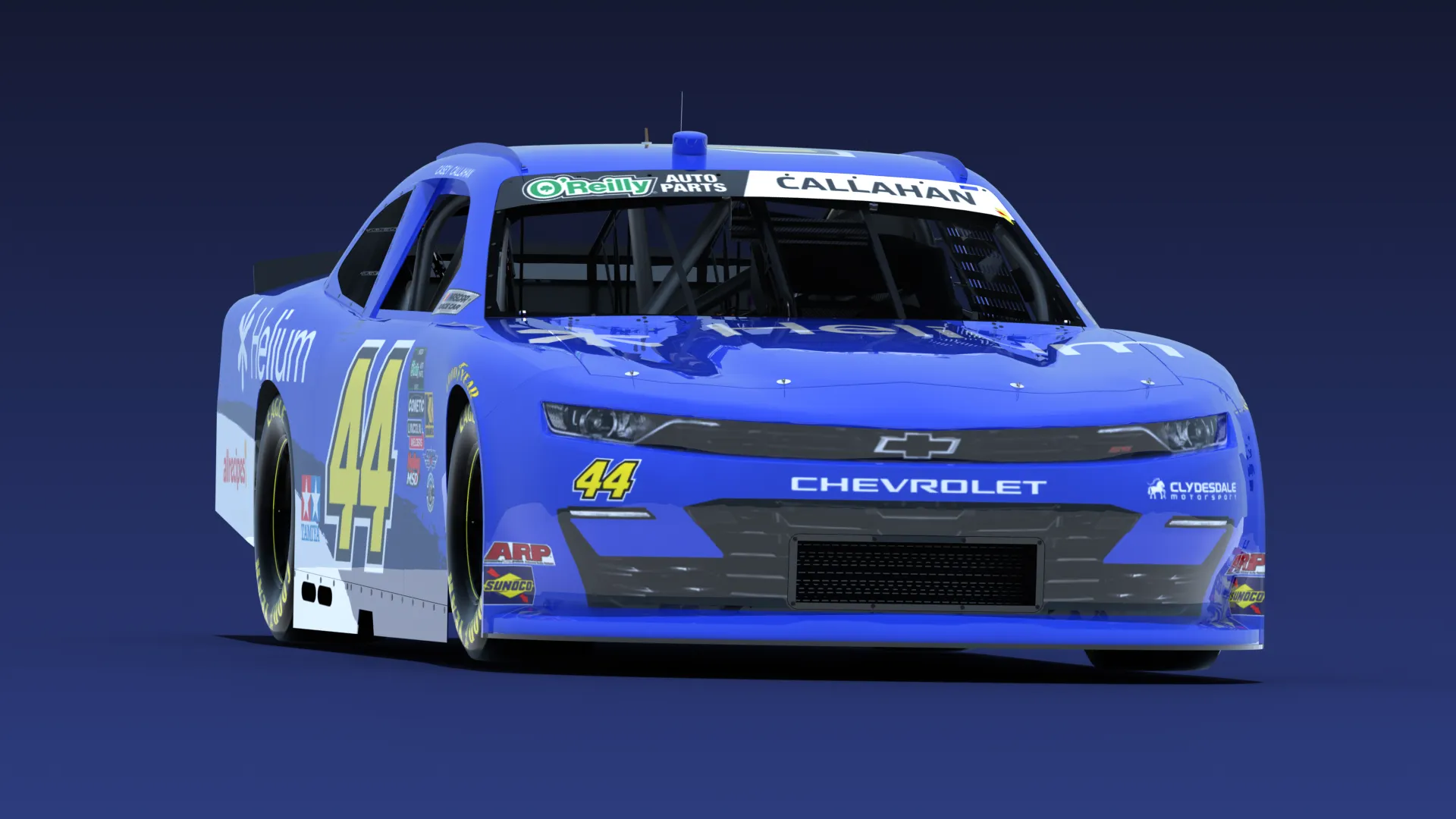 3D render of #44 Helium Browser livery on a O'Reilly Series Chevrolet Camaro.