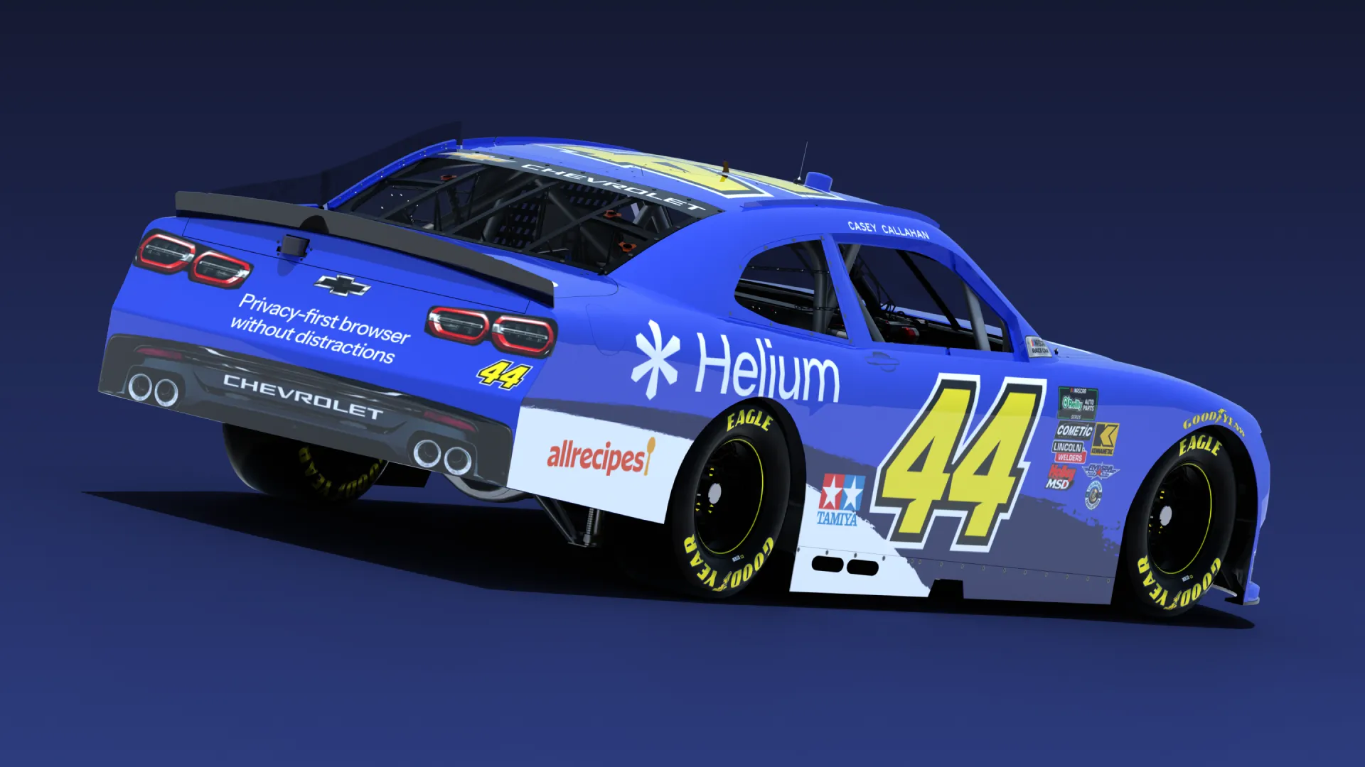 3D render of #44 Helium Browser livery on a O'Reilly Series Chevrolet Camaro.