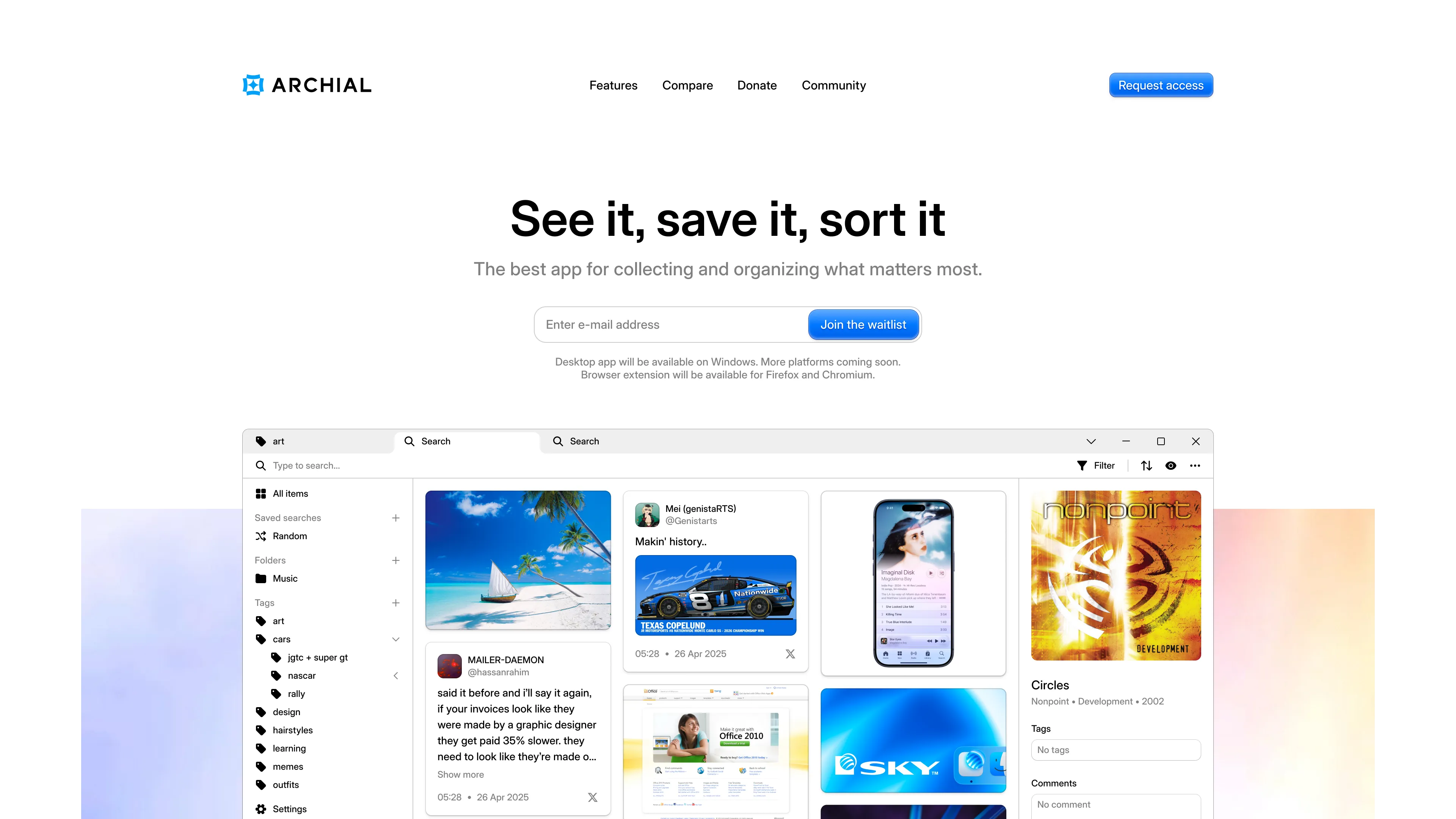 Design of a homepage for the desktop application Archial.