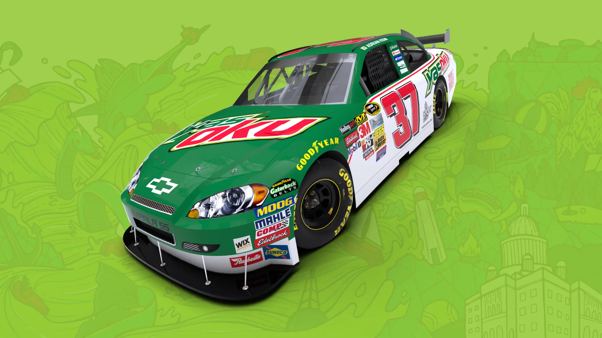 3D render of a NASCAR Car of Tomorrow Chevrolet Impala SS with a Dale Earnhardt Jr. inspired #37 Yasoku Publishing livery sponsored by Yasoku Publishing.